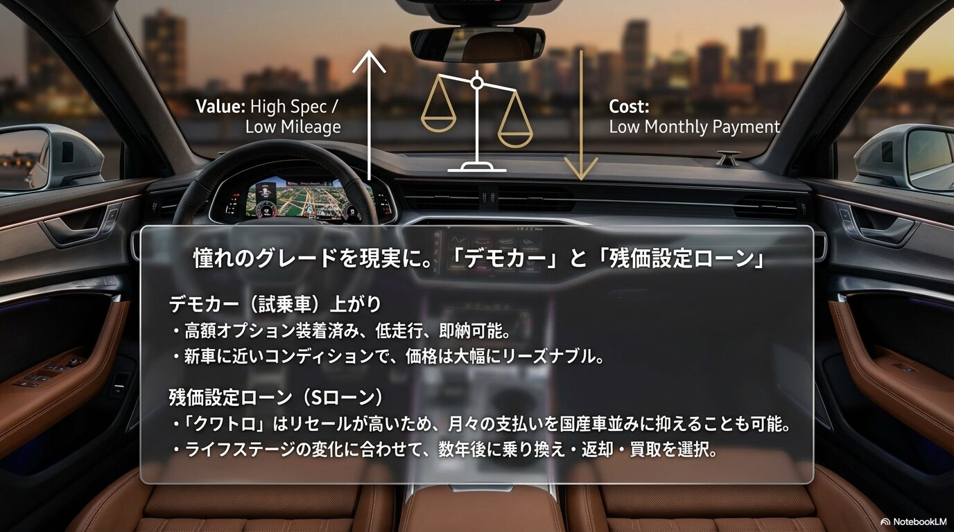 低走行なデモカーの魅力と、月々の支払いを抑えるSローン(残価設定型ローン)の仕組みを解説したスライド