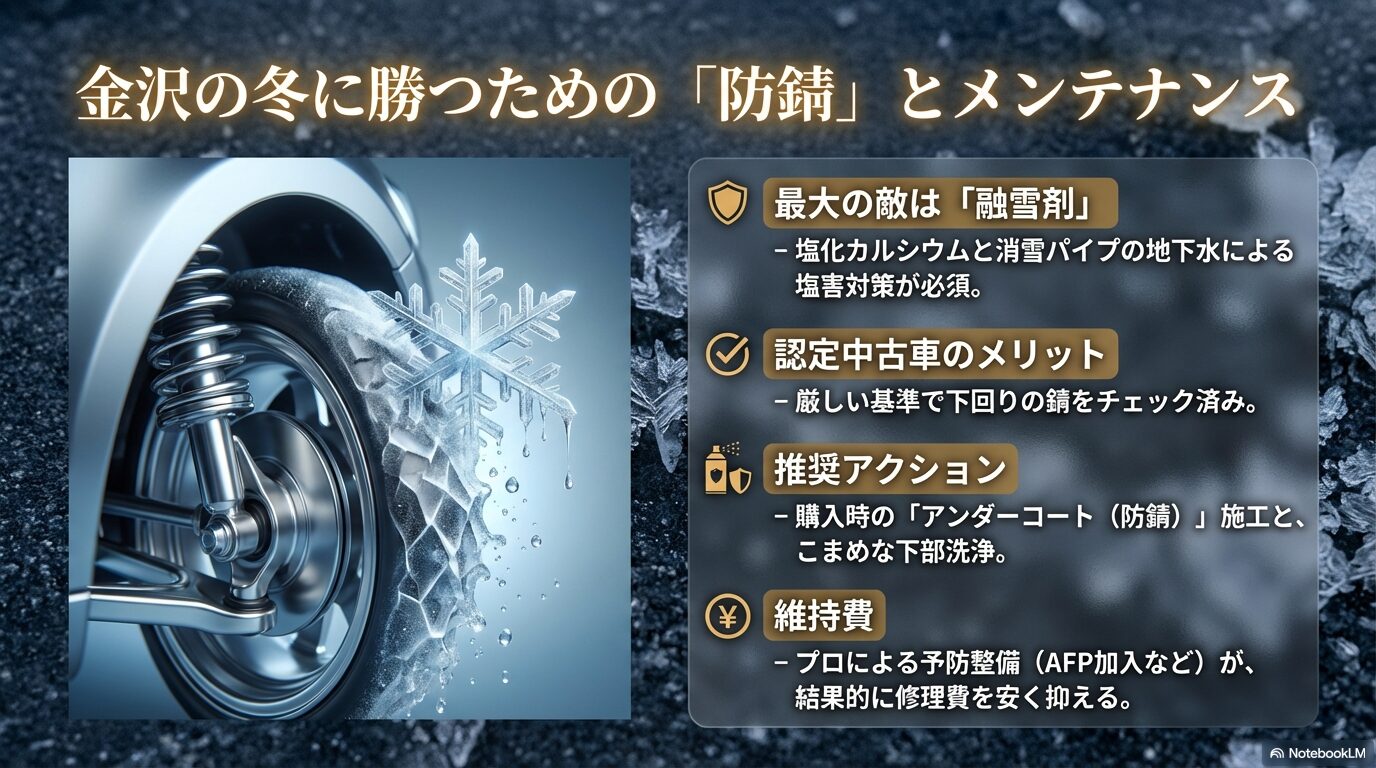 融雪剤による塩害対策としてのアンダーコート施工と、予防整備による維持費抑制を説明するスライド