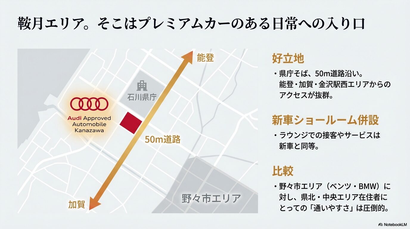 石川県庁そばの50m道路沿いに位置するAudi Approved Automobile 金沢のアクセスの良さを示す地図スライド