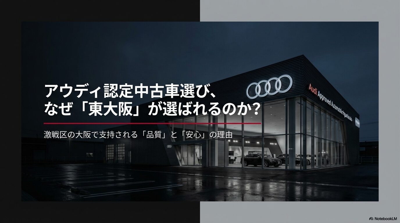 アウディ認定中古車選びにおいて東大阪が選ばれる理由を解説するスライド表紙 。