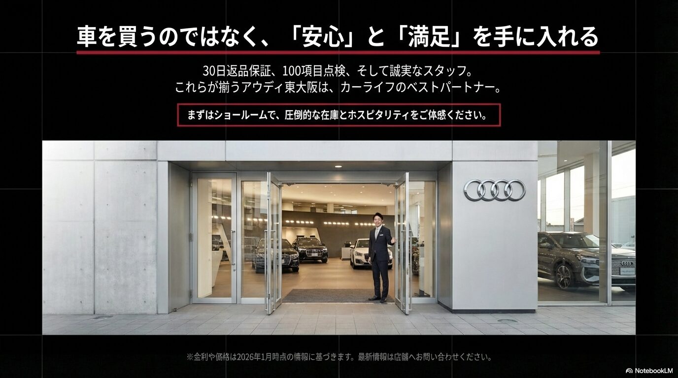 30日返品保証や100項目点検が揃うアウディ東大阪のパートナーシップの総括 。