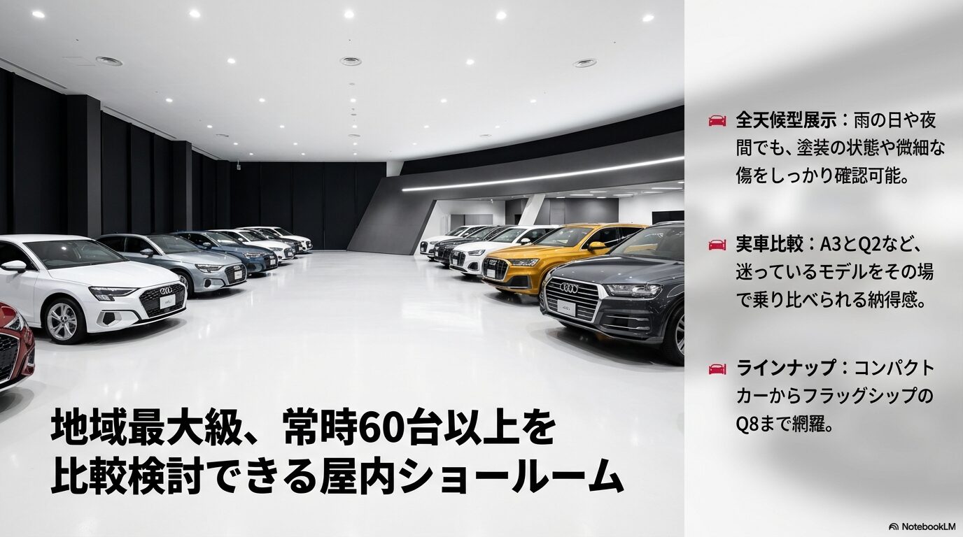 雨の日や夜間でも塗装状態を確認できる、全天候型の大型屋内展示場の紹介 。