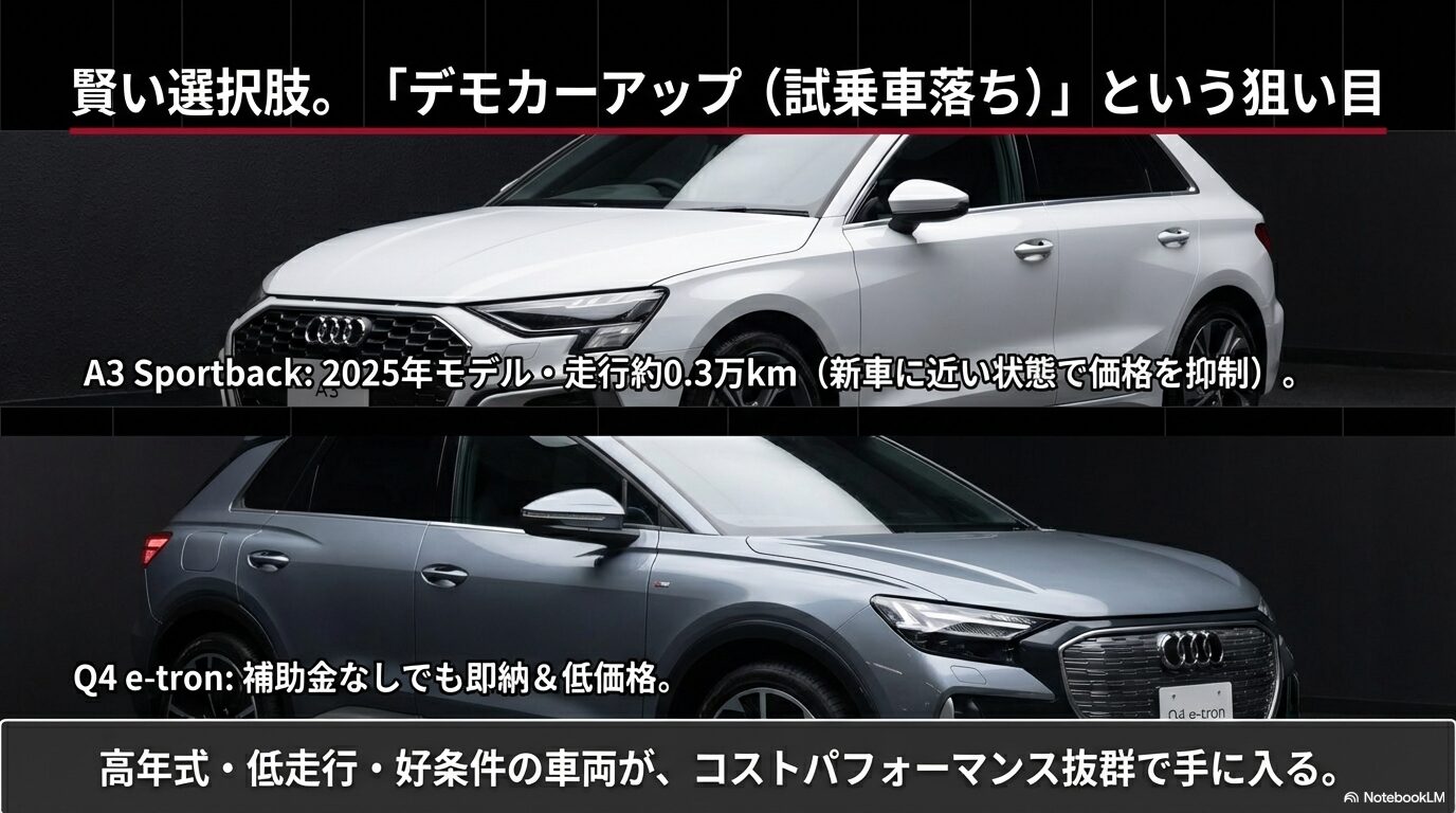 A3 SportbackやQ4 e-tronなど、高年式・低走行な試乗車アップ車両の紹介 。