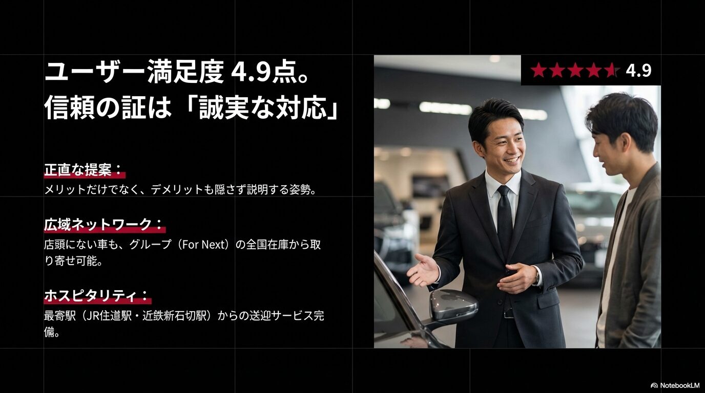 誠実な提案、広域ネットワーク、駅からの送迎サービスなど高い顧客満足度の理由 。