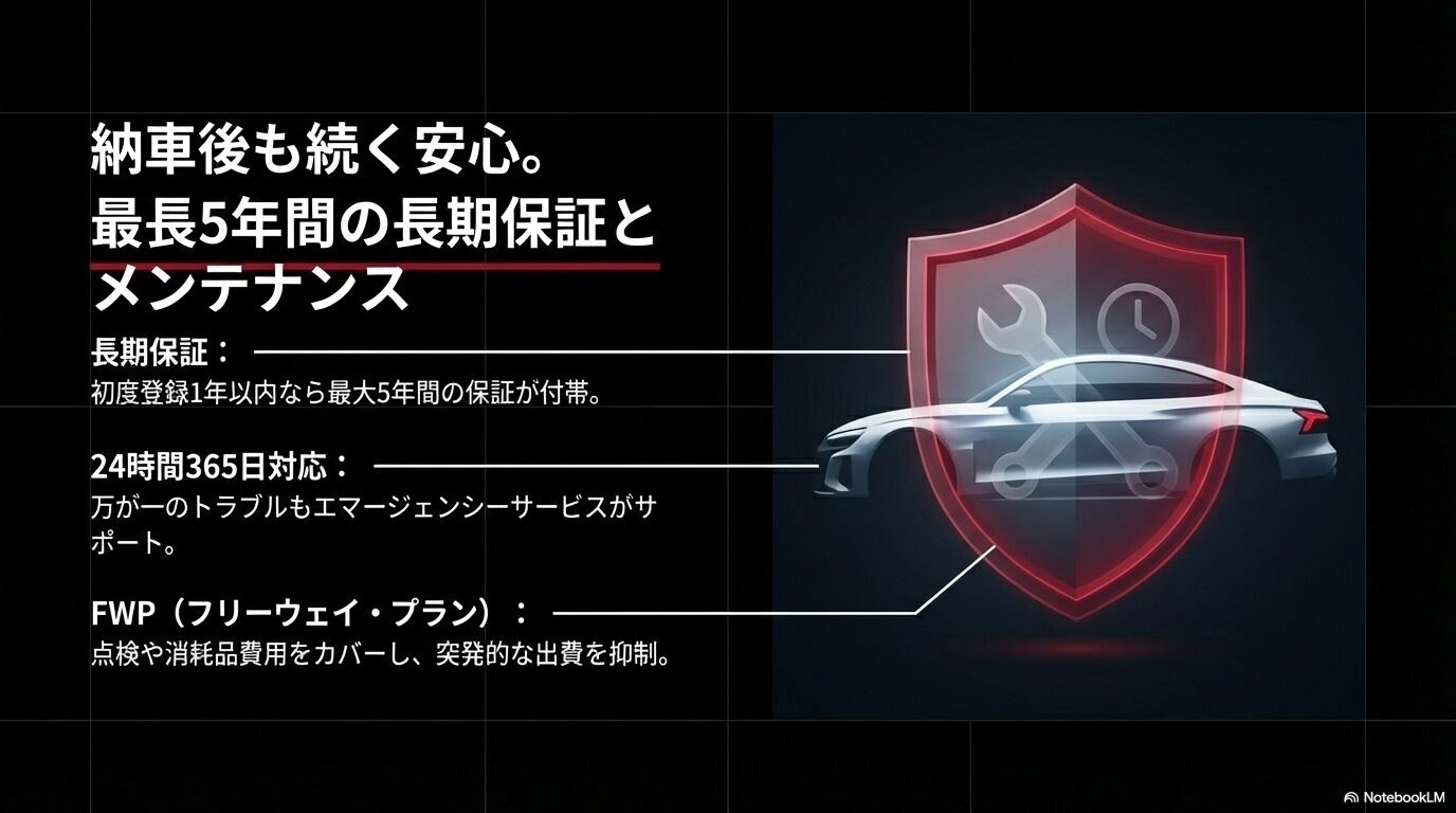 最大5年間の保証、24時間対応のエマージェンシーサービス、消耗品をカバーするFWPの説明 。