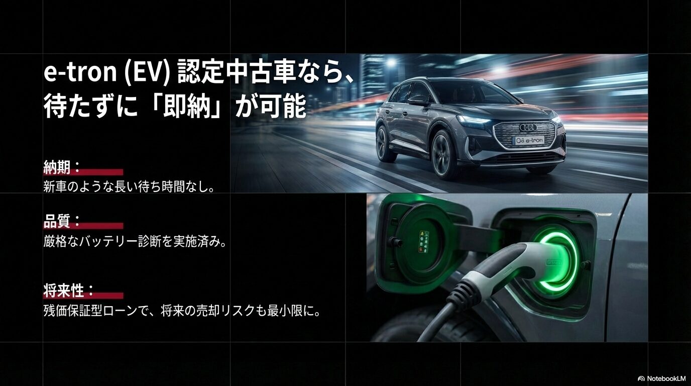 待たずに納車可能なe-tron認定中古車の納期、バッテリー診断、将来の残価保証について 。