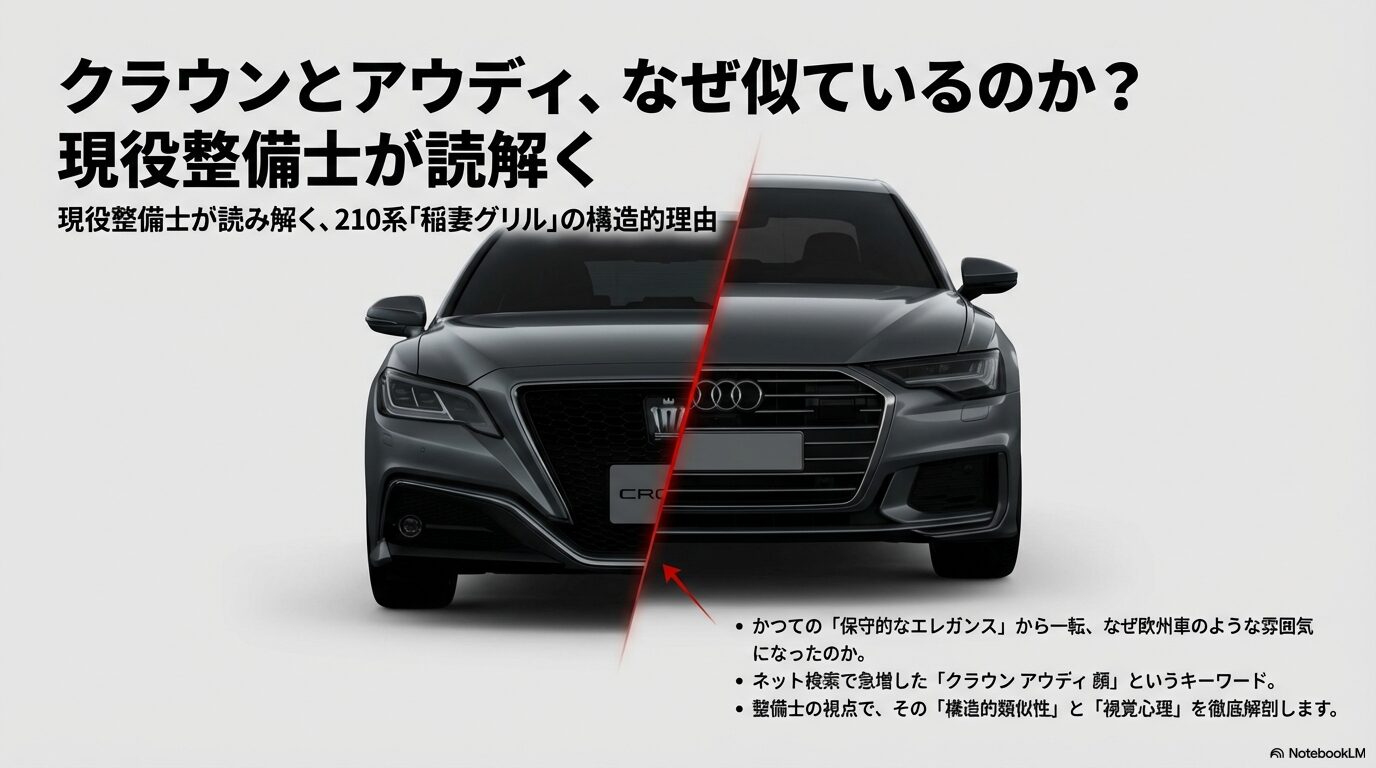 210系クラウンアスリートとアウディのフロントグリルを左右に並べて比較した画像。