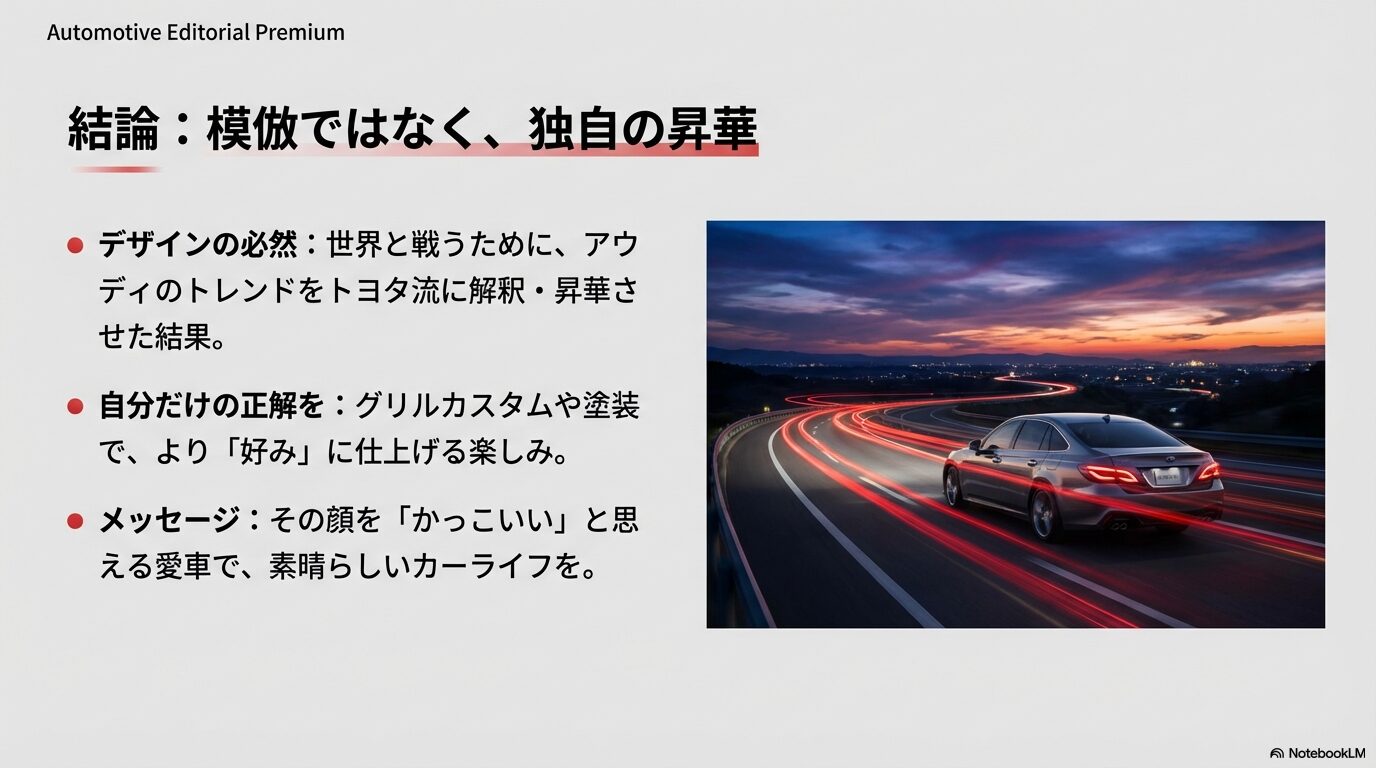 夜の公道を走行するクラウンのリアビュー。自分だけの正解を追求するカーライフへのメッセージ。
