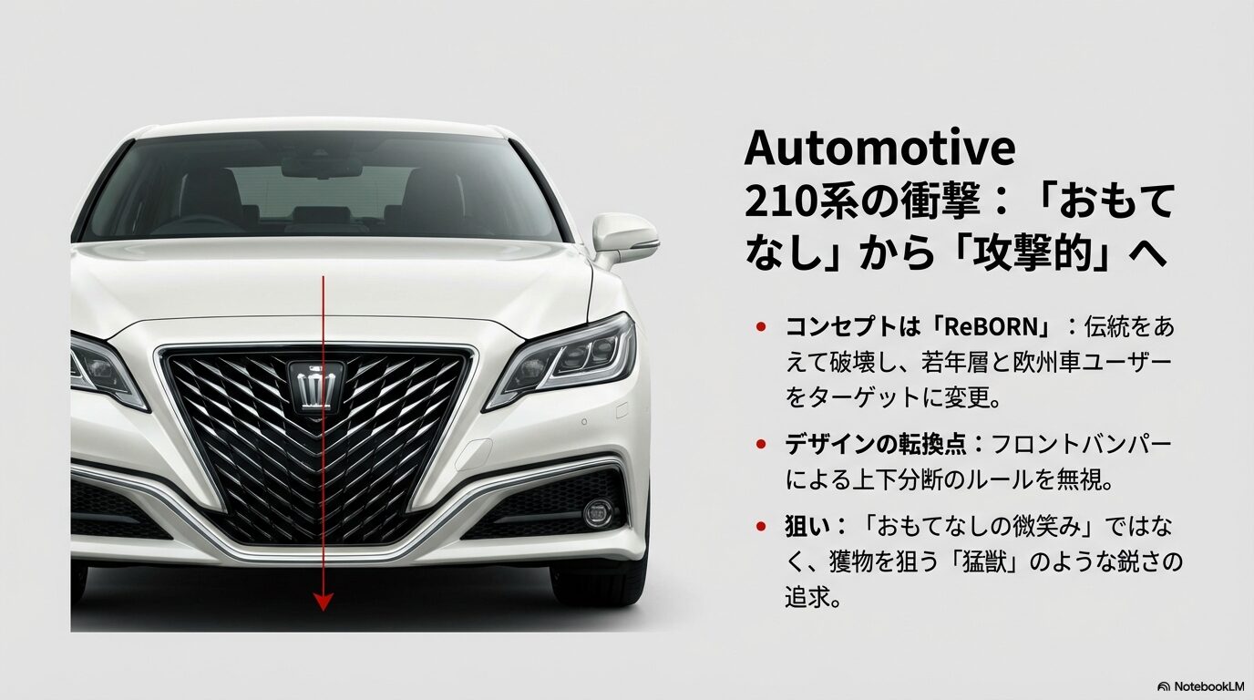 コンセプト「ReBORN」による伝統の破壊と、獲物を狙う猛獣のような鋭さを追求した210系クラウンのデザイン解説。