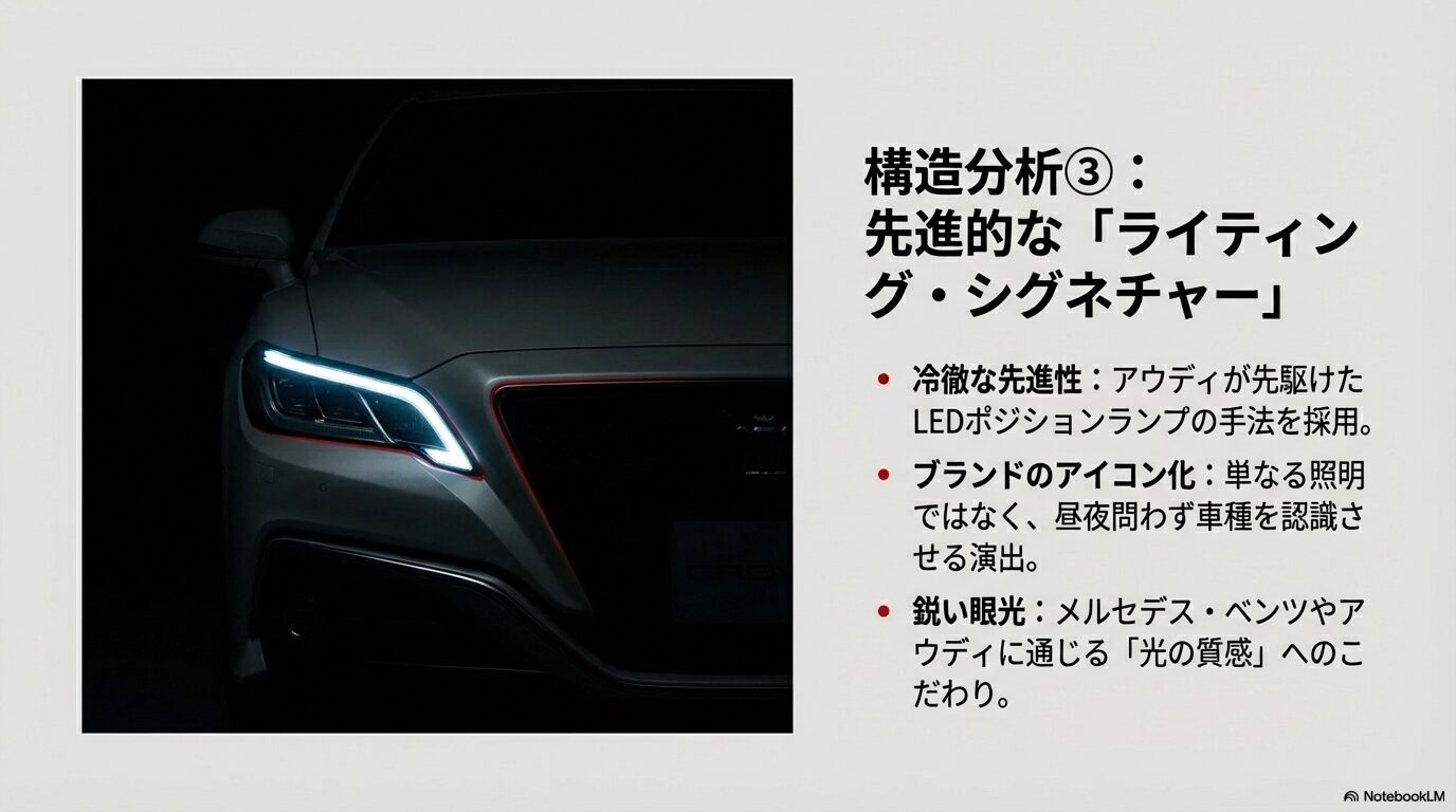 暗闇で発光するクラウンのLEDポジションランプ。アウディが先駆けたブランドのアイコン化を解説。