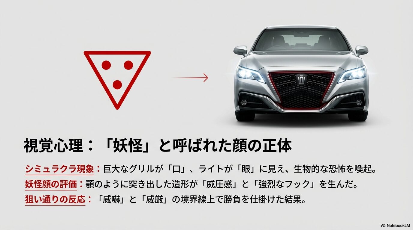 巨大なグリルが口、ライトが眼に見えるシミュラクラ現象の図解と、210系クラウンの正面画像。