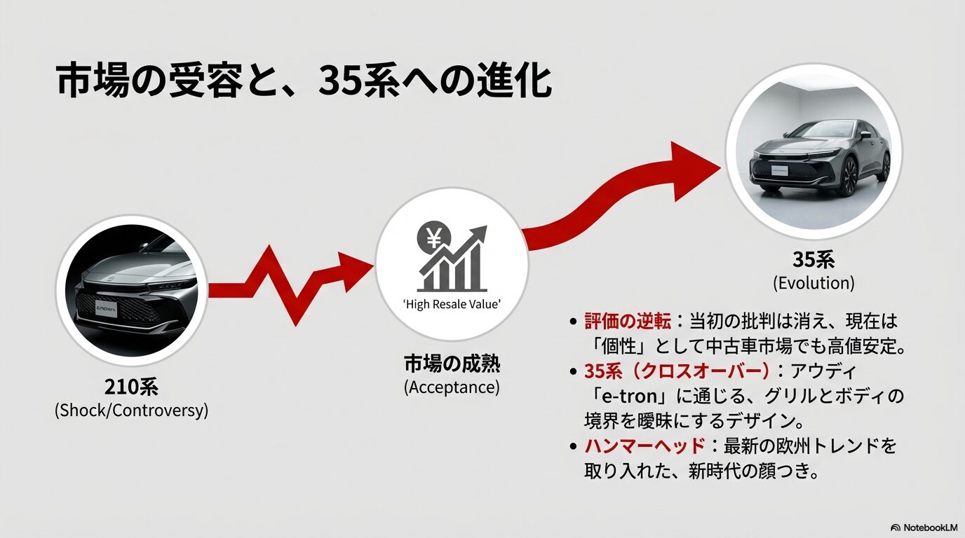 210系への衝撃から、高いリセールバリューを得る市場の成熟、そして35系へと進化する流れを示した図解。