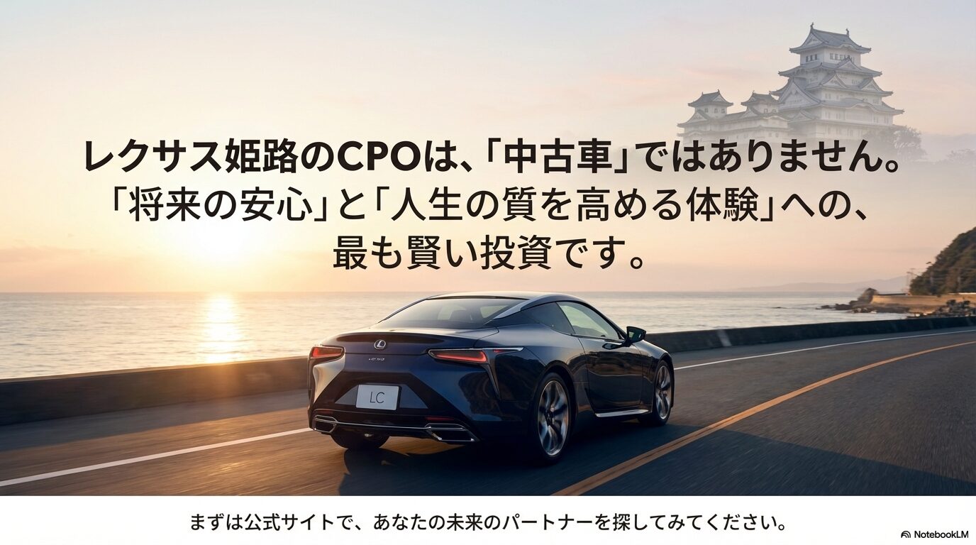レクサス姫路の認定中古車が将来の安心と人生の質を高める賢い投資であるというメッセージ