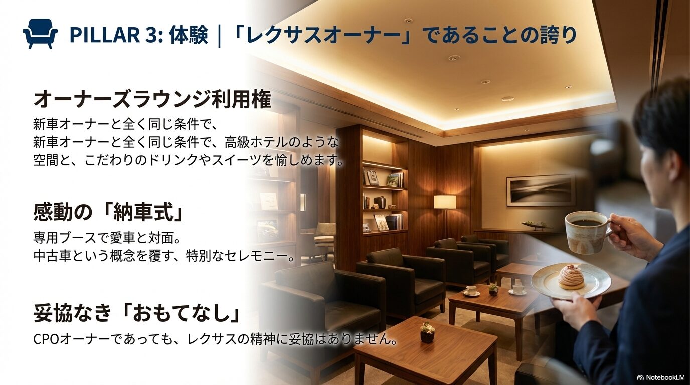 レクサスオーナーズラウンジの利用権、専用ブースでの納車式、おもてなしサービスのイメージ