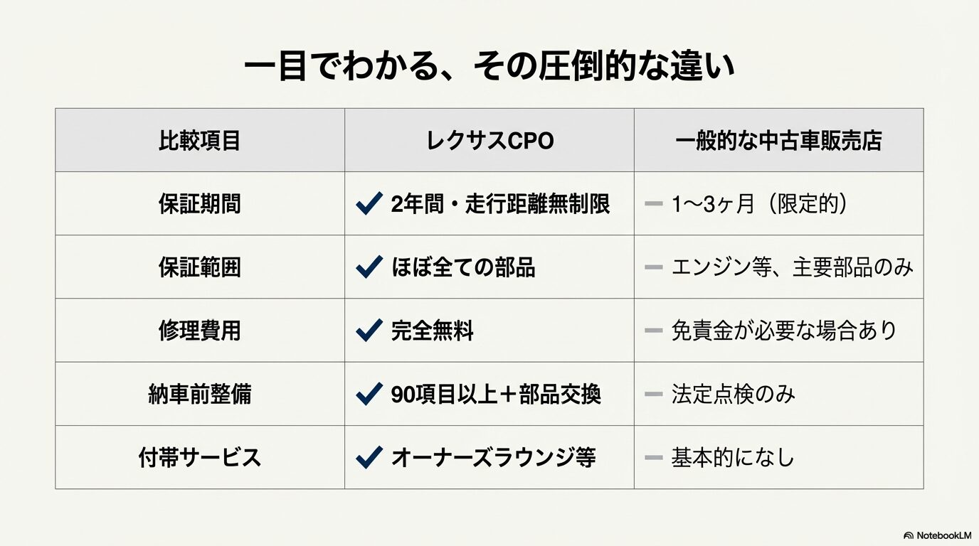 レクサス認定中古車と一般的な中古車販売店の保証期間・範囲・整備内容の比較一覧表