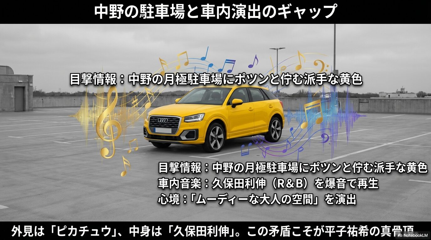 中野の月極駐車場に佇む黄色いアウディと、車内で爆音再生される久保田利伸のR&B演出の矛盾
