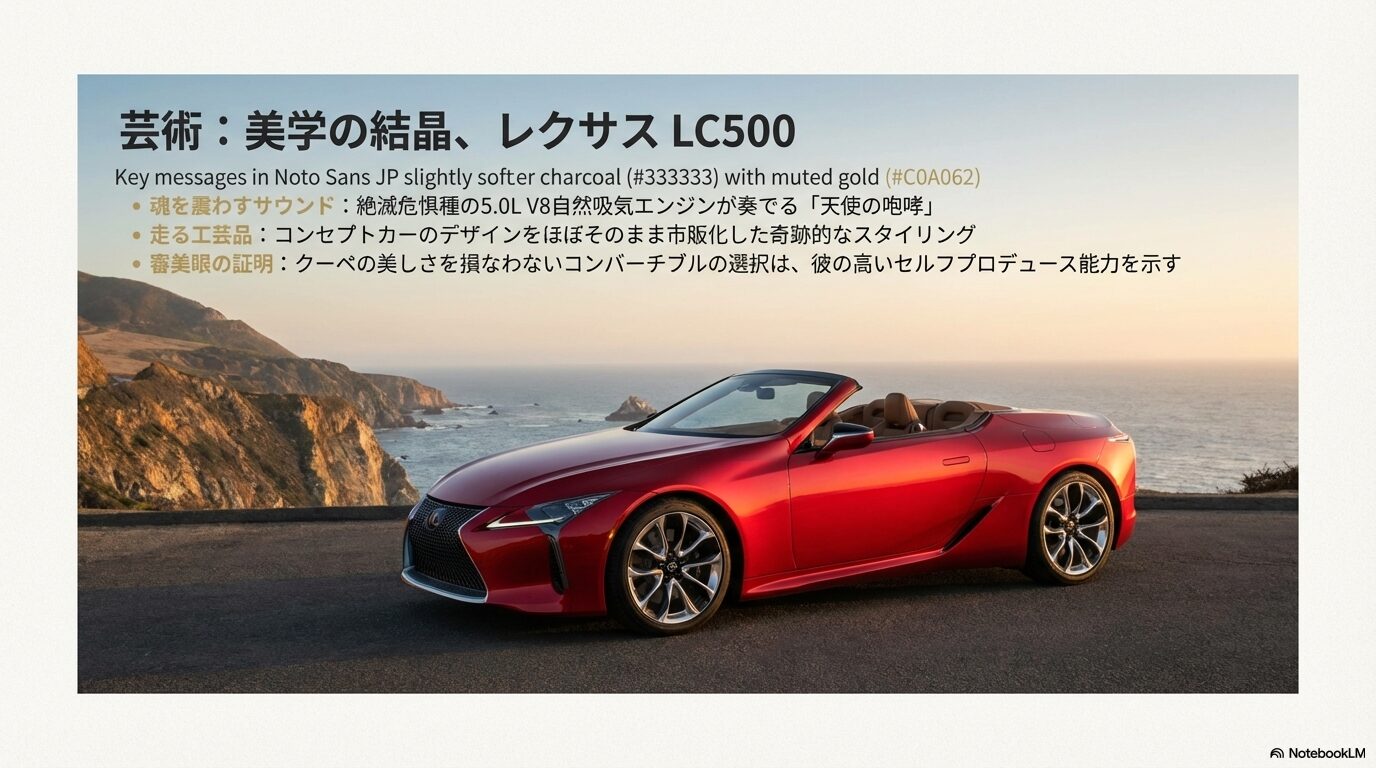 レクサスLC500のV8エンジンのサウンド、走る工芸品と称されるスタイリング、セルフプロデュース能力を示すコンバーチブルの選択を解説するスライド