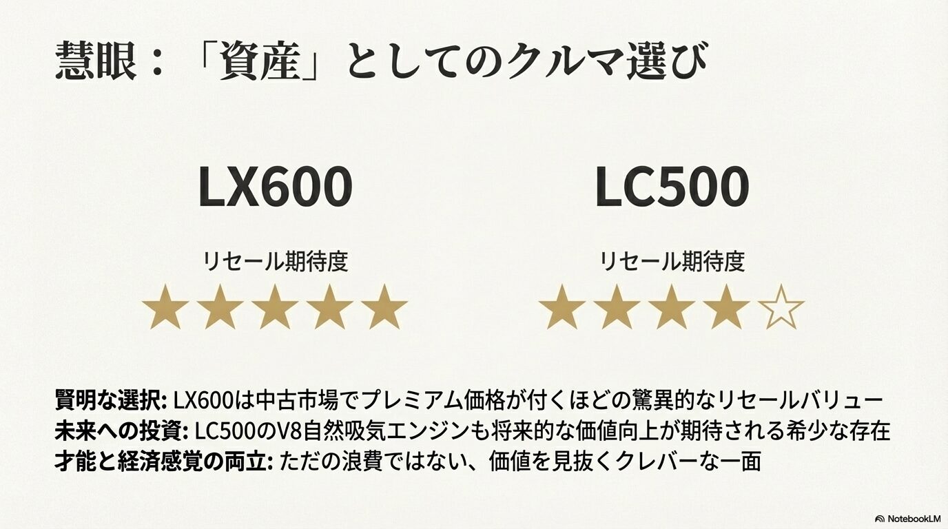 LX600とLC500のリセール期待度を星5つで評価し、浪費ではない価値を見抜くクレバーな一面を解説するスライド