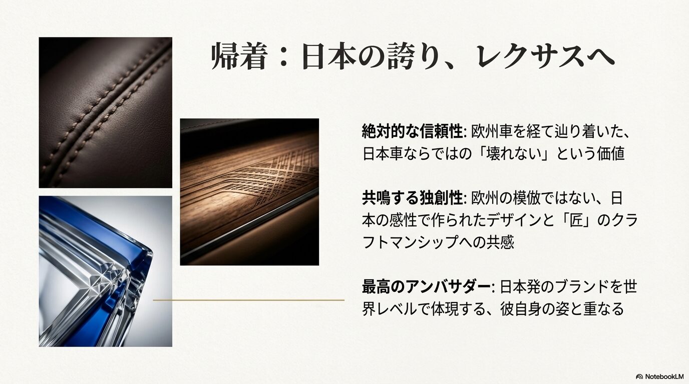 レクサスの内装に使われる精巧なウッドパネルの画像。日本車ならではの信頼性と匠の技術への共鳴を解説するスライド