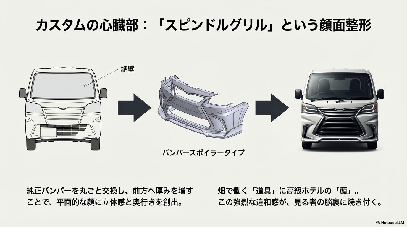 軽トラックの絶壁なフロントフェイスをバンパースポイラー交換で立体的なレクサス顔に変える方法
