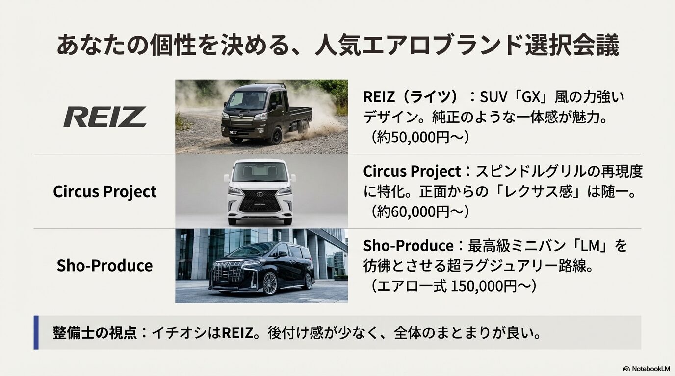 レクサスGX風のREIZ、スピンドル完全再現のCircus Project、LM風の翔プロデュースなどエアロブランドのスタイル比較