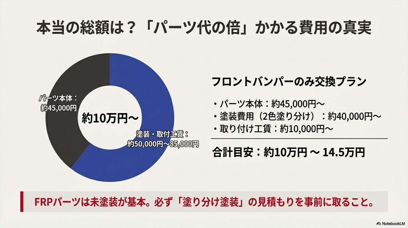 カスタム総額におけるパーツ本体価格と塗装・取付工賃の割合を示す円グラフ。見えないコストへの注意喚起