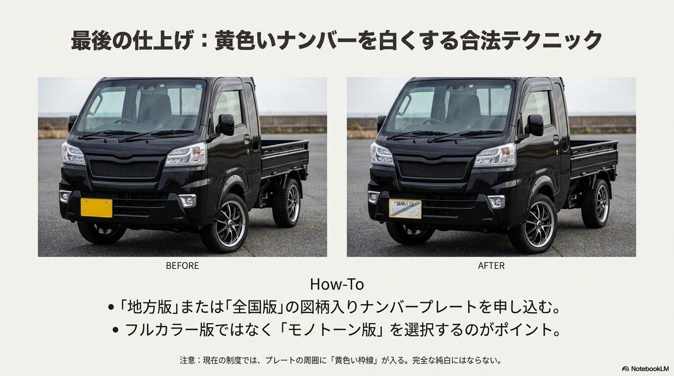 地方版または全国版の図柄入りナンバープレート(モノトーン)を選択して軽トラの黄色ナンバーを白く見せるテクニック