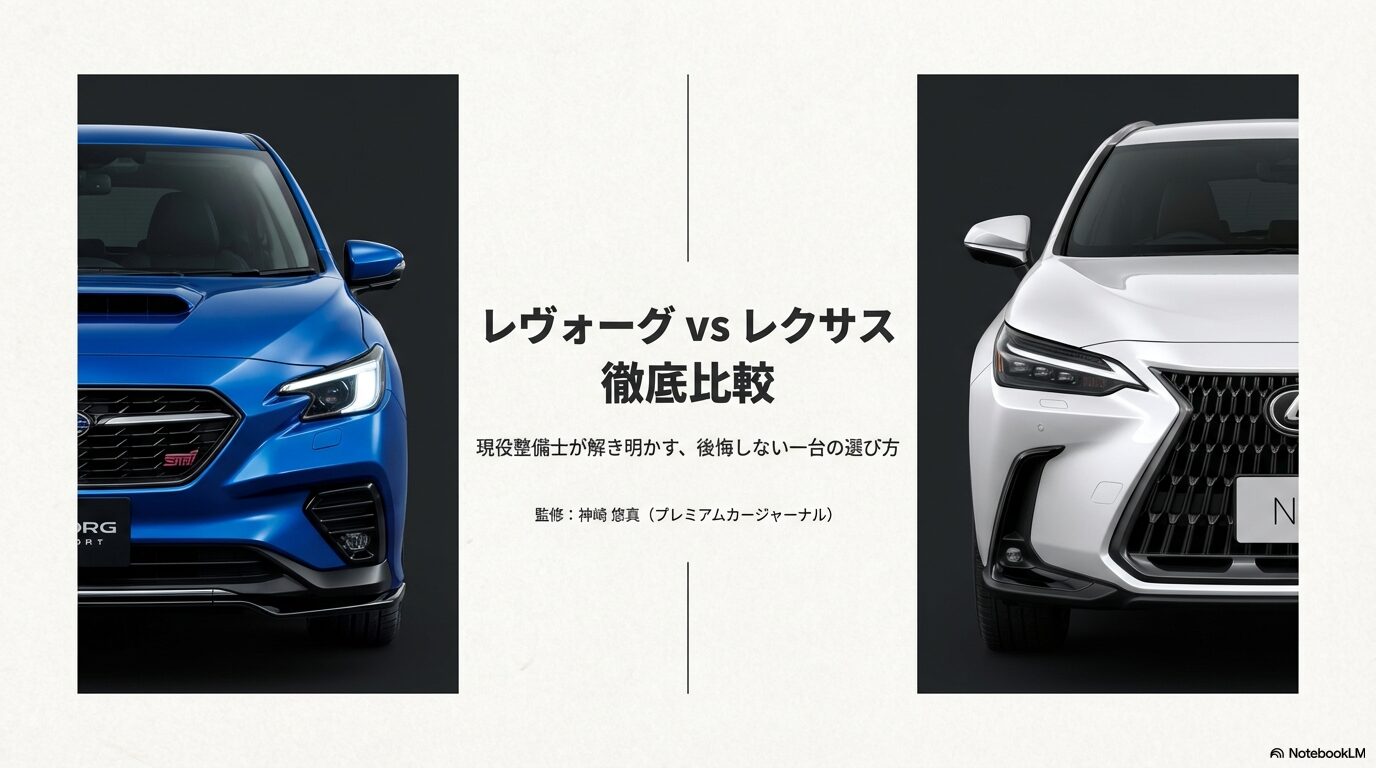 スバル・レヴォーグとレクサスのフロントビューを並べた比較ガイドの表紙。走りの興奮か所有の上質かを問いかける導入スライド。