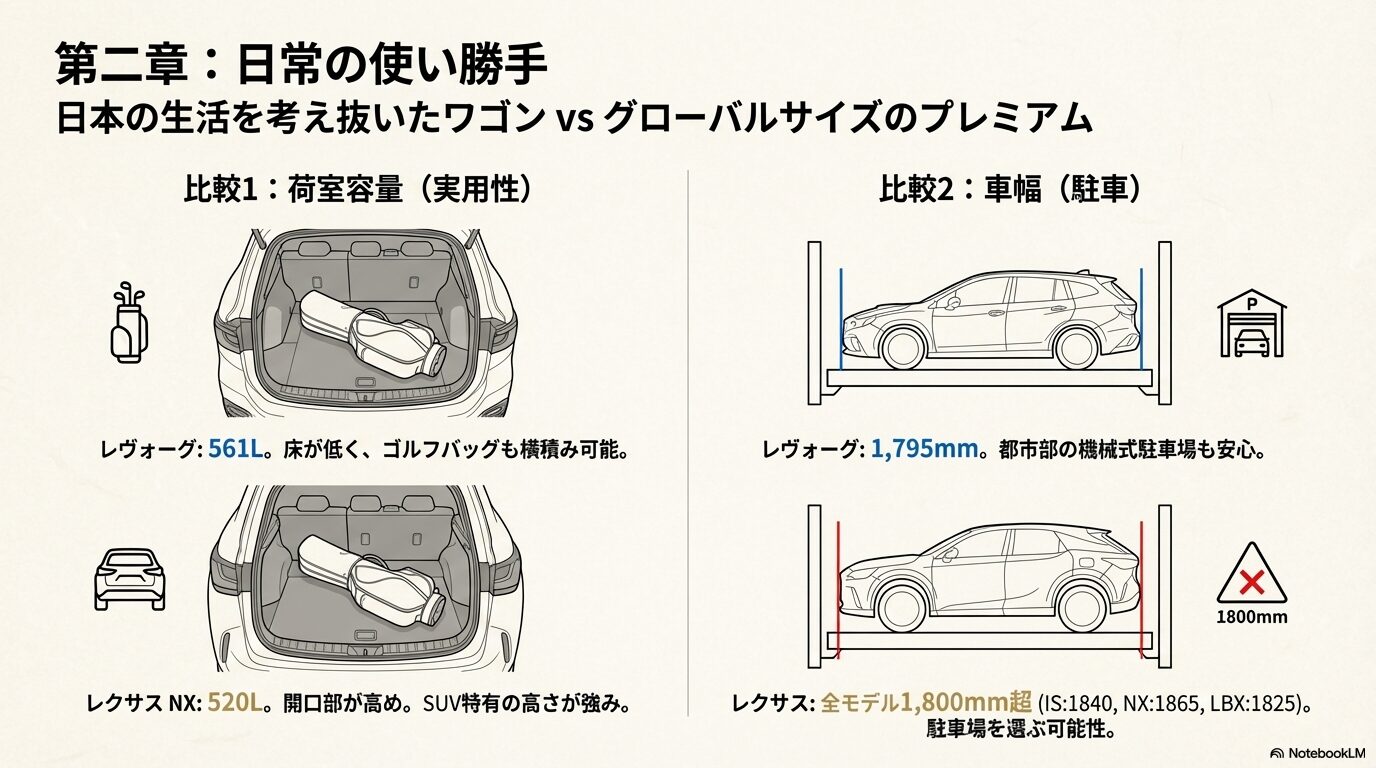 レヴォーグの561L荷室と1,795mmの車幅に対し 、レクサスNXの520L荷室と1,800mm超の車幅制限をイラストで比較したスライド 。