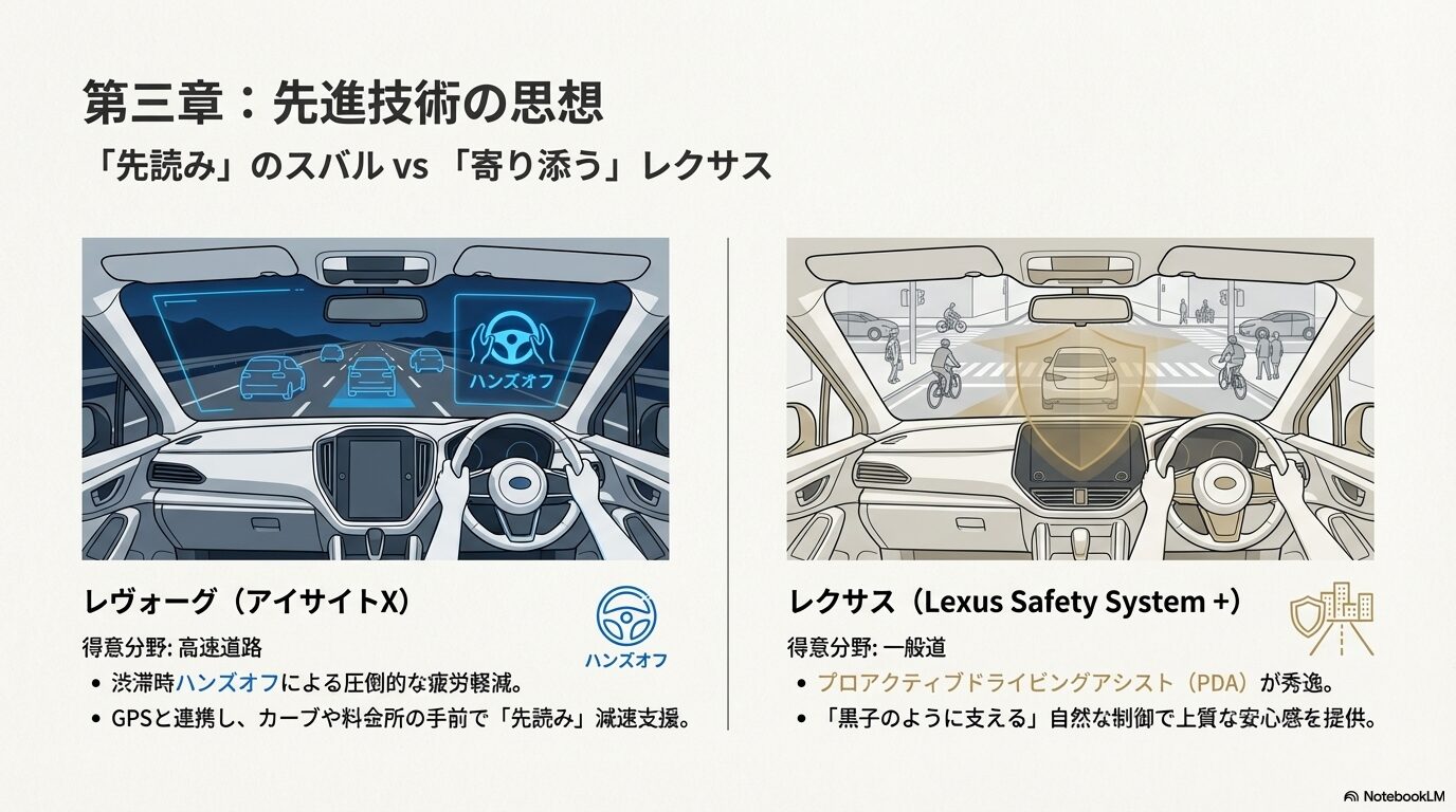 アイサイトXの高速渋滞時ハンズオフ支援と 、レクサスの一般道での自然なPDA制御を比較した車内視点スライド 。