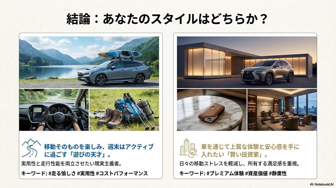 アウトドアで活躍するレヴォーグ（遊びの天才）と 、上質な体験を重視するレクサス（賢い投資家）のスタイルを象徴するイメージ画像スライド 。