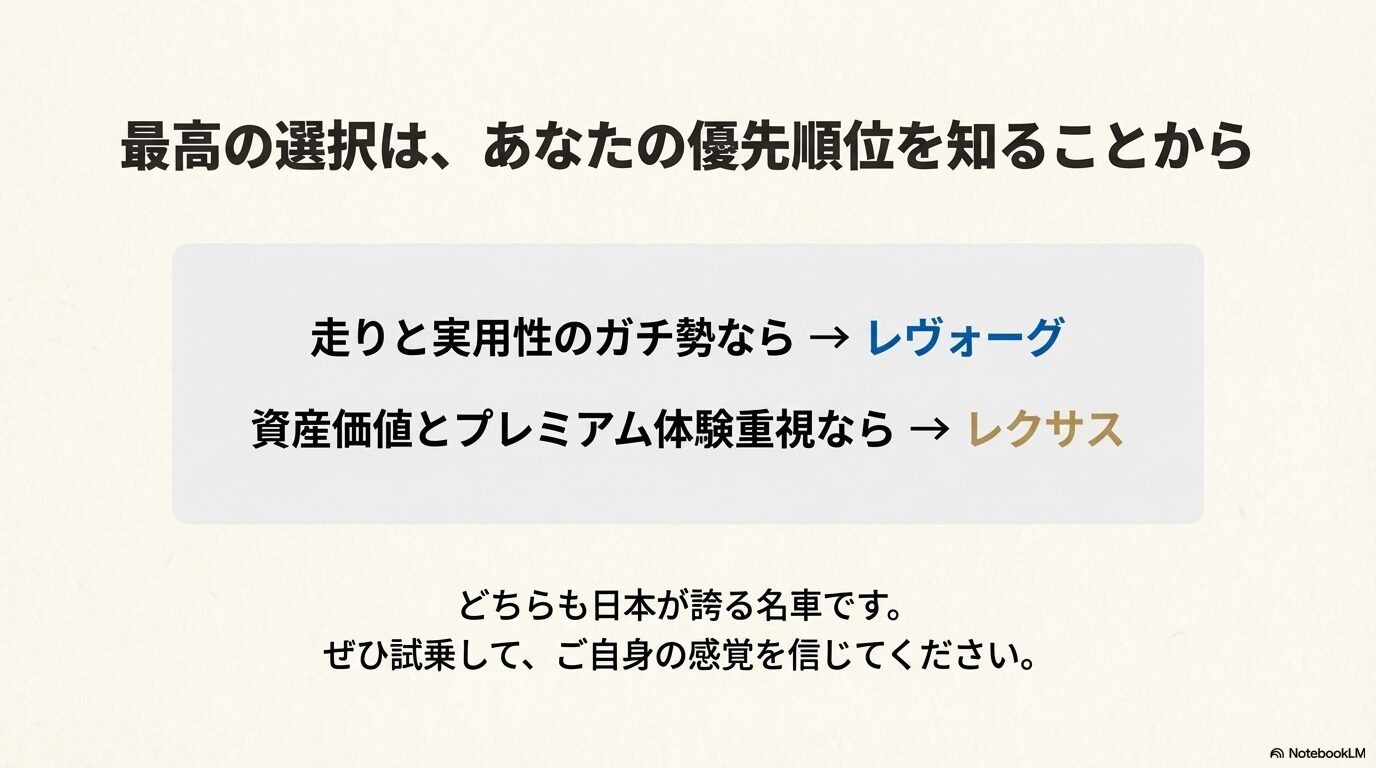 荷室、駐車場制限、維持費などの重要Q&Aと 、走りと実用性ならレヴォーグ、資産価値ならレクサスという最終結論のスライド 。