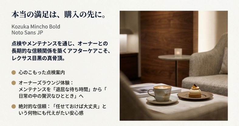 オーナーズラウンジ体験や心のこもった点検案内による長期的な信頼関係の構築イメージ。