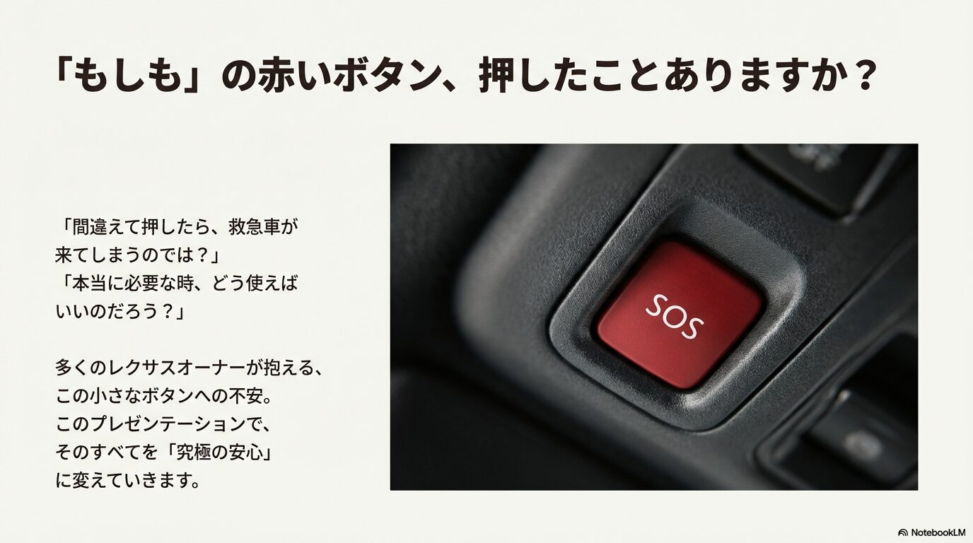 赤いSOSボタンのアップ画像と、レクサスオーナーの不安を安心に変えるというスライドタイトル