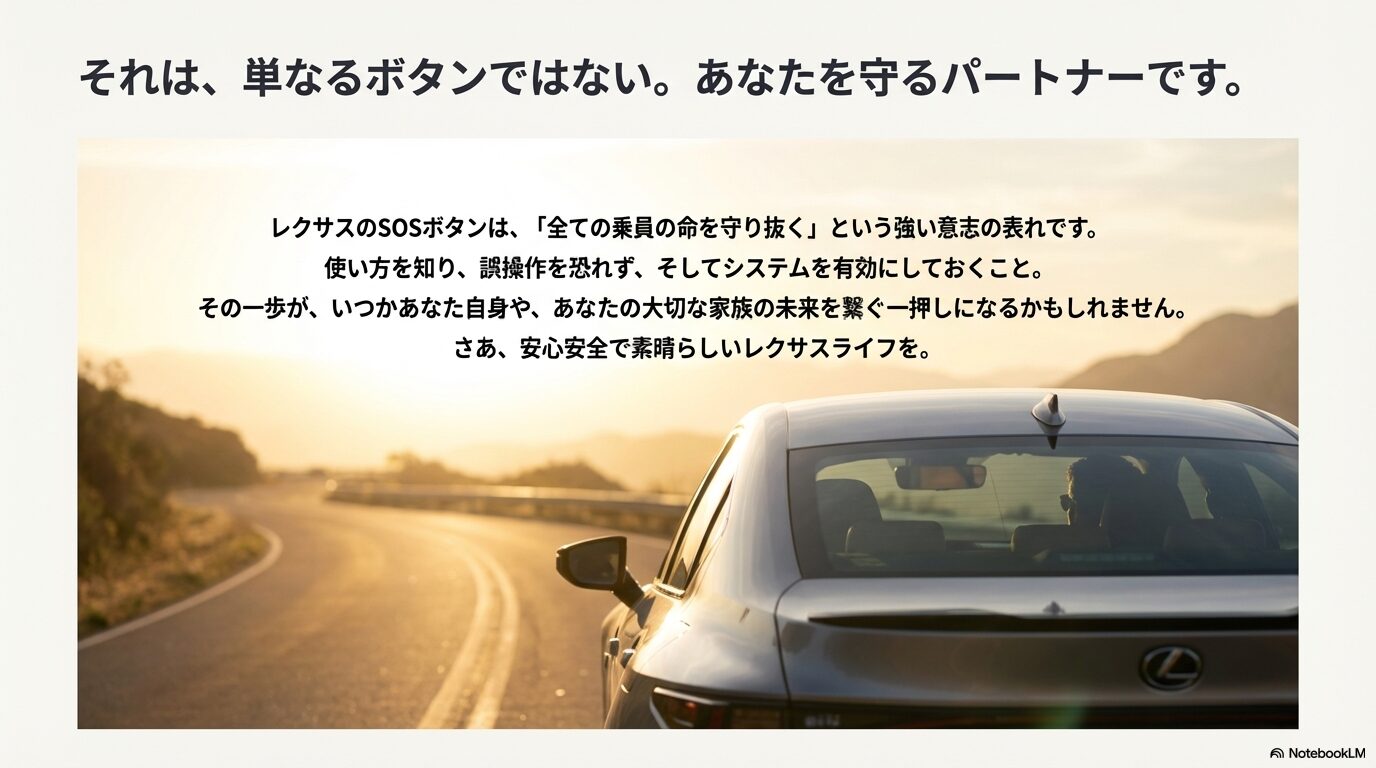 レクサスのSOSボタンは全ての乗員の命を守り抜く強い意志。安心なレクサスライフを。