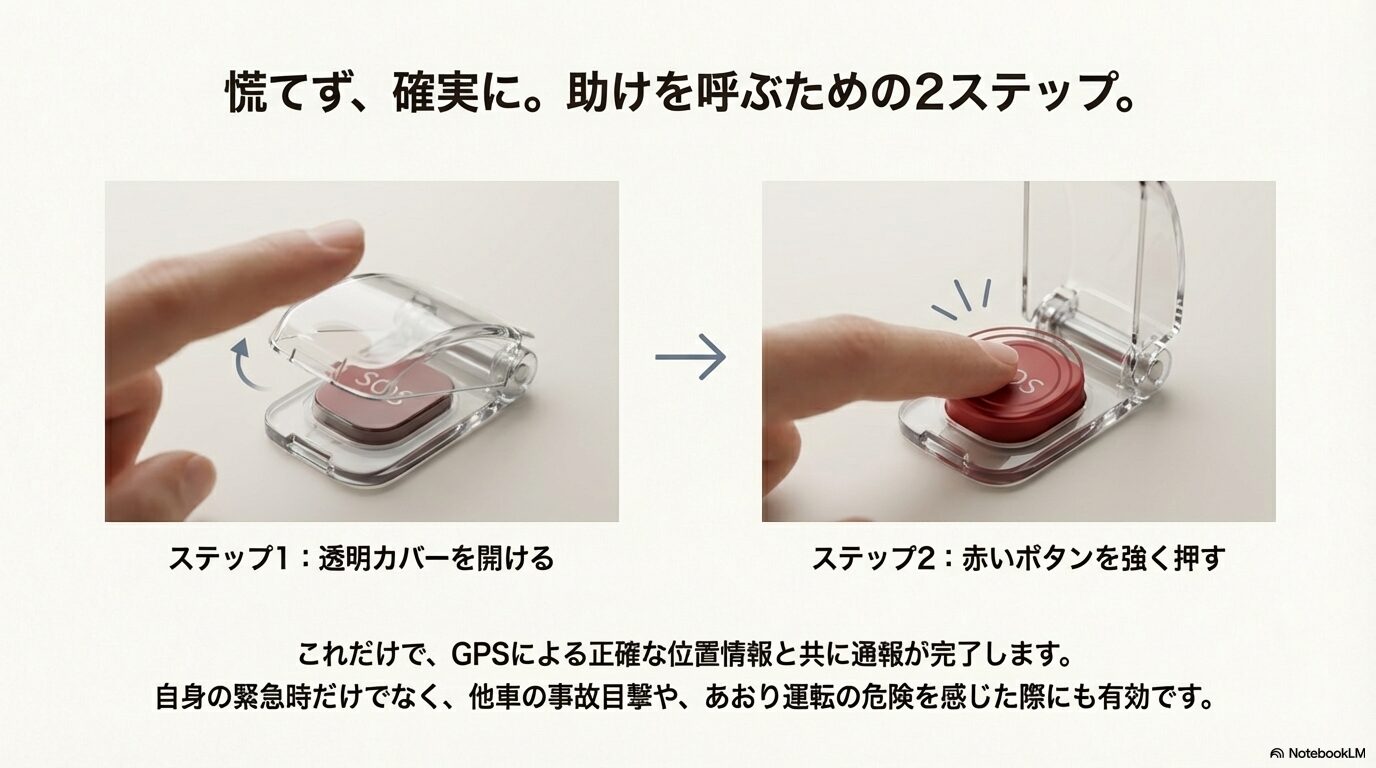 透明カバーを開け、赤いボタンを強く押すだけでGPS位置情報と共に通報が完了する手順