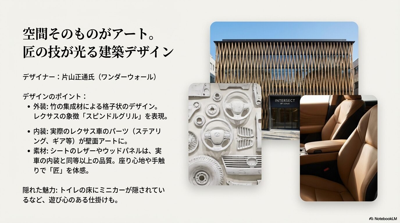 片山正通氏によるスピンドルグリルを表現した外装や、実際の車両パーツを用いた内装アートなど、匠の技を解説するスライド