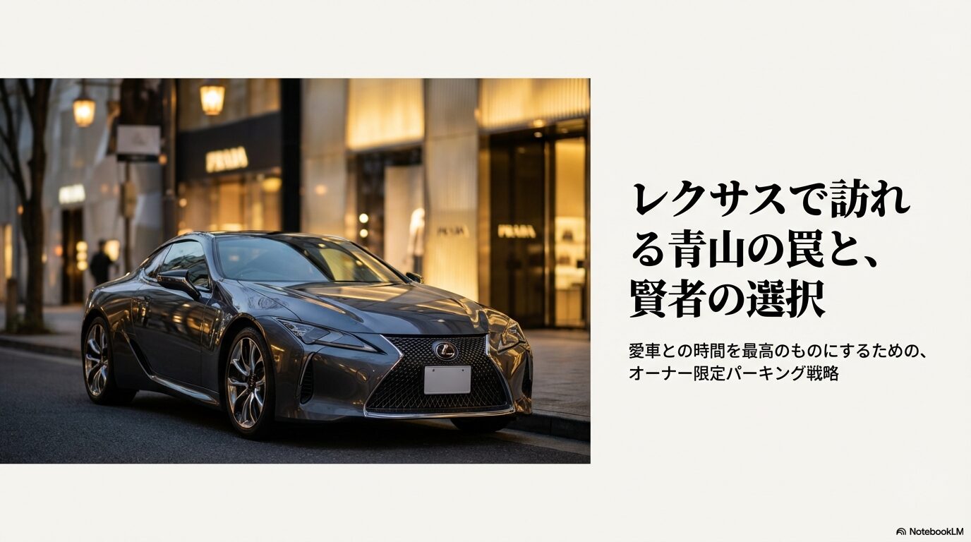 青山の街並みに佇むレクサスLCと、記事タイトルのスライド