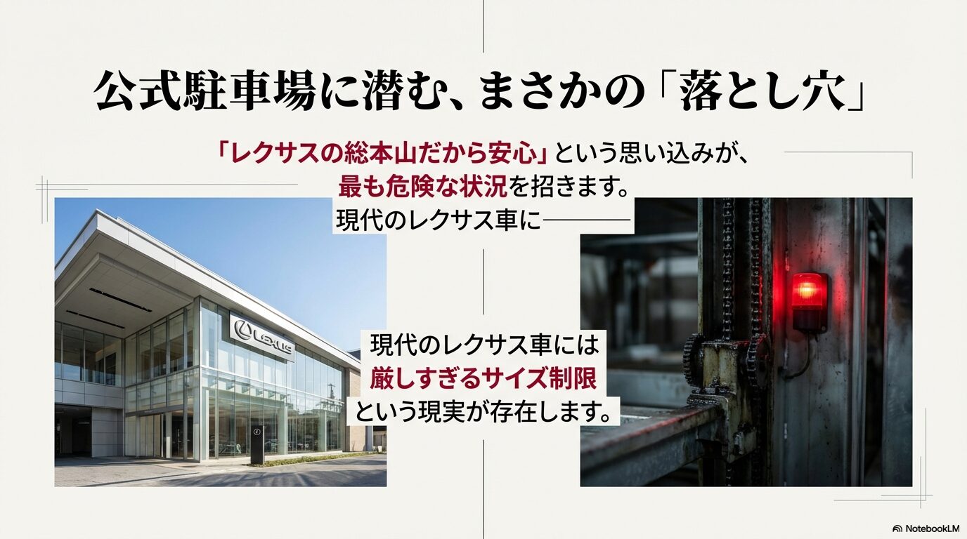 レクサス青山（OM-SQUARE）の外観写真と、現代のレクサス車には厳しすぎるサイズ制限についての警告