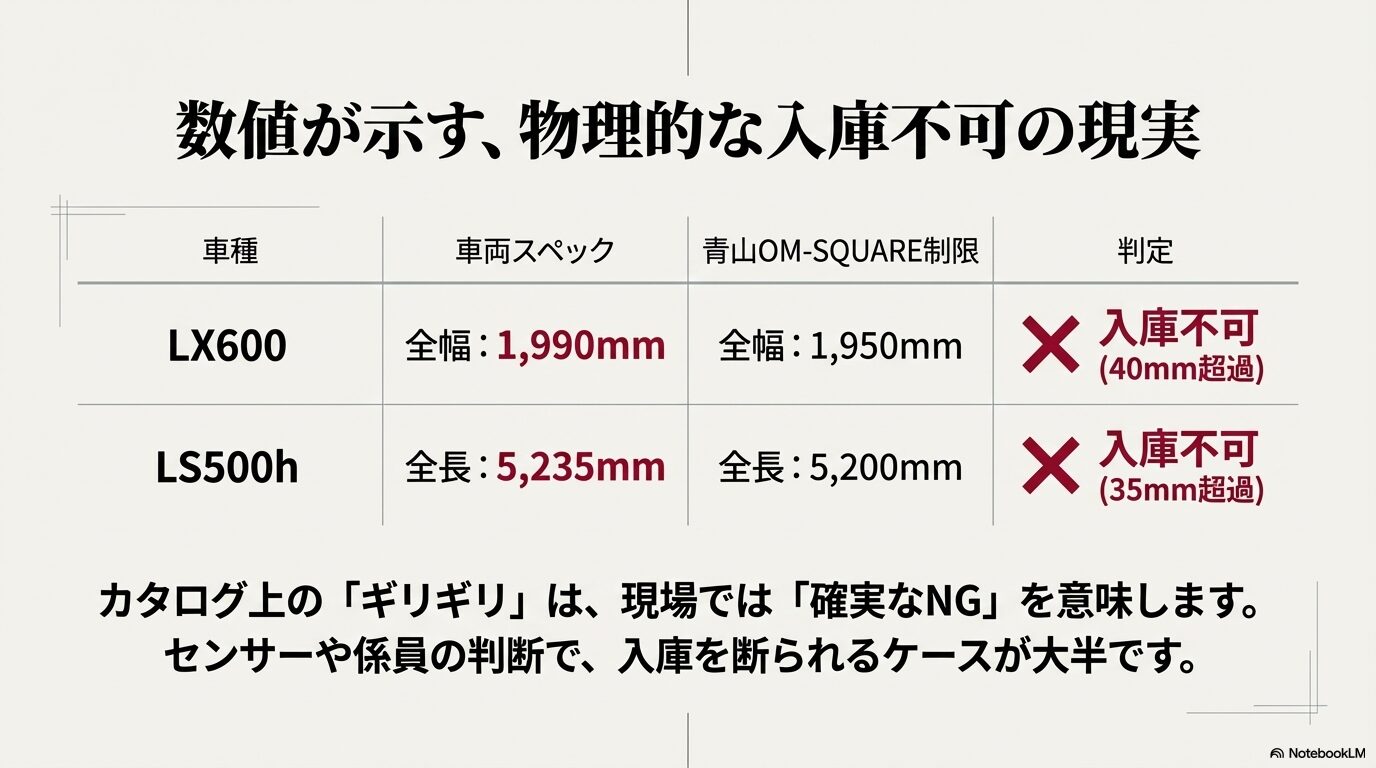 LX600とLS500hが青山OM-SQUARE駐車場に入庫できない理由を示した数値比較表