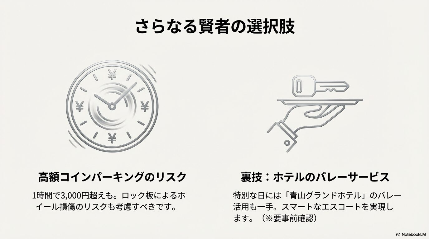 時計とお金のアイコンで示す高額料金リスクと、鍵のアイコンで示すホテルバレーサービスの提案