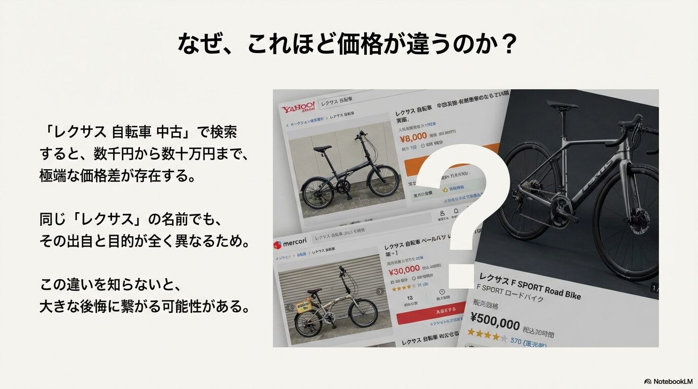 ヤフオクやメルカリでのレクサス自転車の極端な価格差を示す比較画像