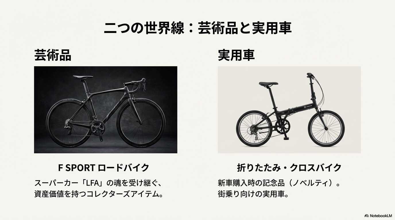 本格派F SPORTロードバイクとノベルティ折りたたみ自転車の比較