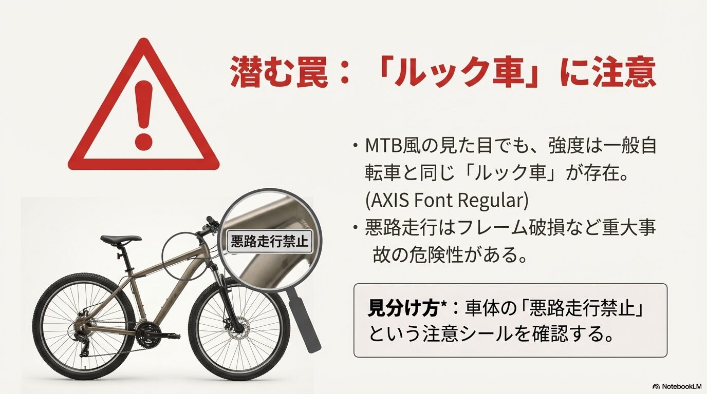 マウンテンバイク風のルック車に貼られた悪路走行禁止シールの確認方法