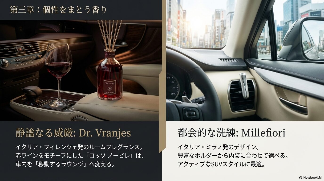 車内に置かれたドットール・ヴラニエスの「ロッソノービレ」とミッレフィオーリのカーフレグランスのイメージ写真スライド