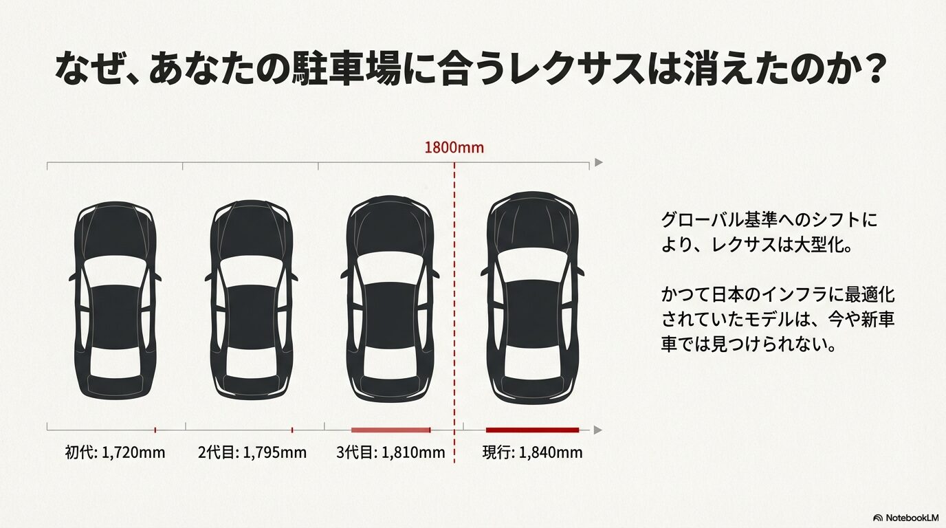 初代から現行モデルまでのレクサスISの全幅を比較したイラスト。グローバル基準へのシフトにより1,720mmから1,840mmへ大型化した推移