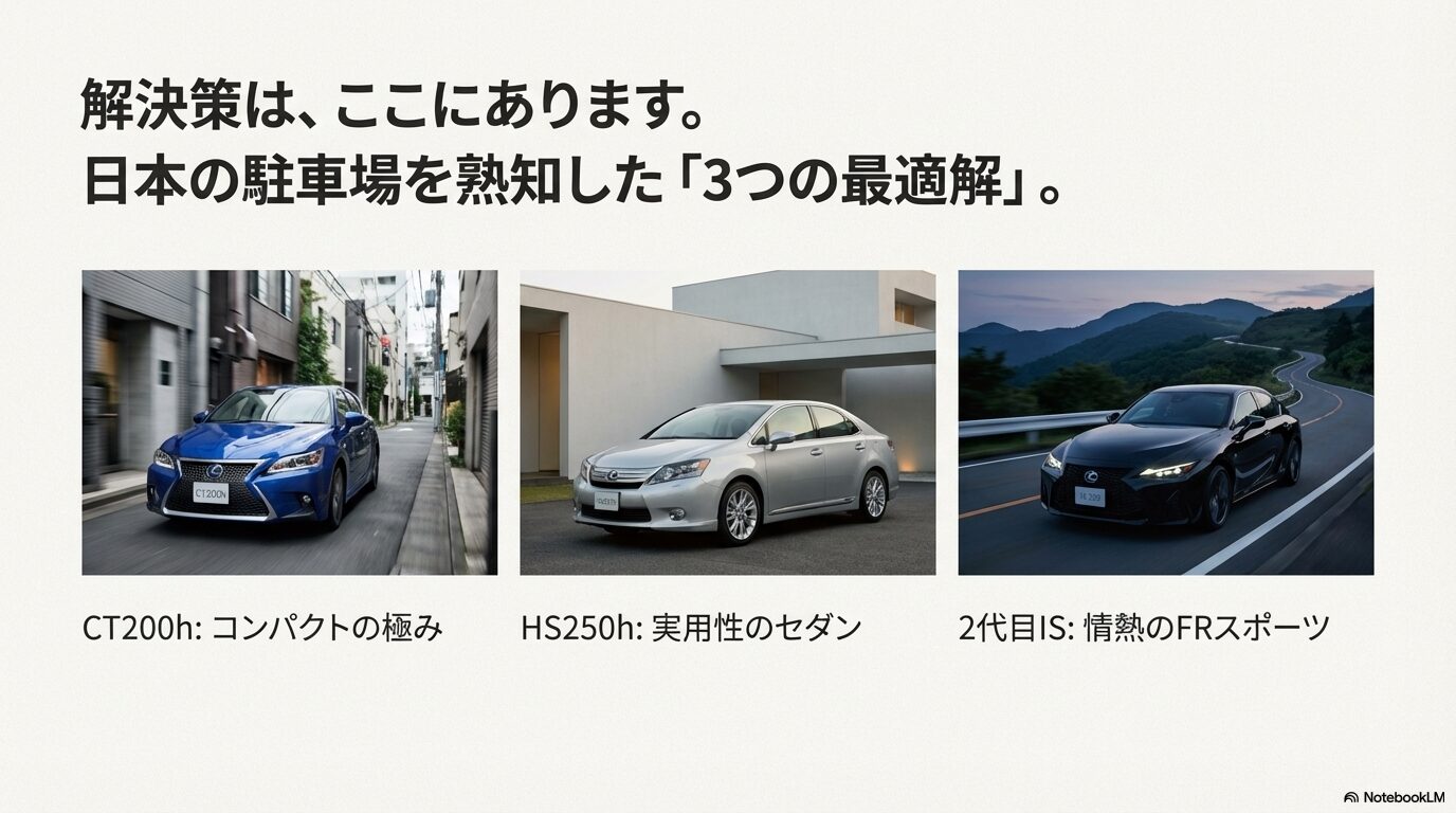 日本の駐車場事情にマッチするレクサスCT200h、HS250h、2代目ISの3つの推奨モデルのイメージ