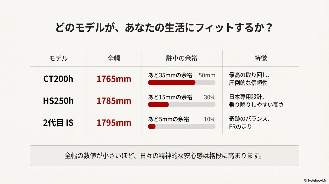 CT200h、HS250h、2代目ISの全幅と、1800mm制限駐車場における具体的な「あと何mm」の余裕度をまとめた比較データ