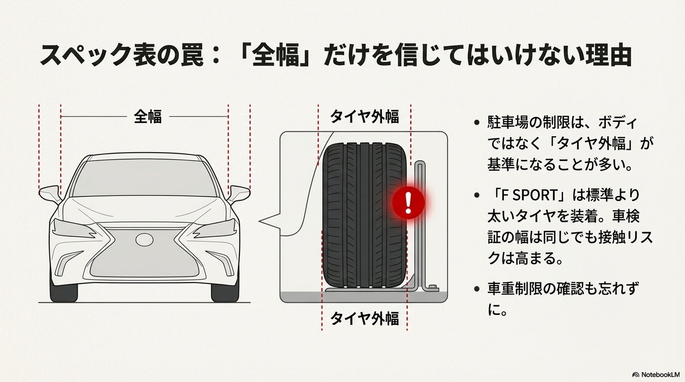 車の全幅とタイヤ外幅の違いを説明した図解。パレット制限ではボディ幅ではなくタイヤ外幅が重要であることを示している