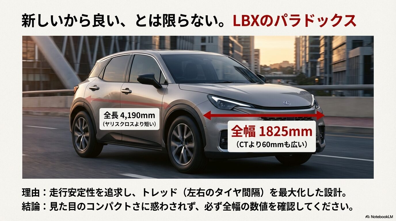 LBXは全長こそ短いが、全幅は1,825mmありCT200hより60mm広いことを示したサイズ比較画像